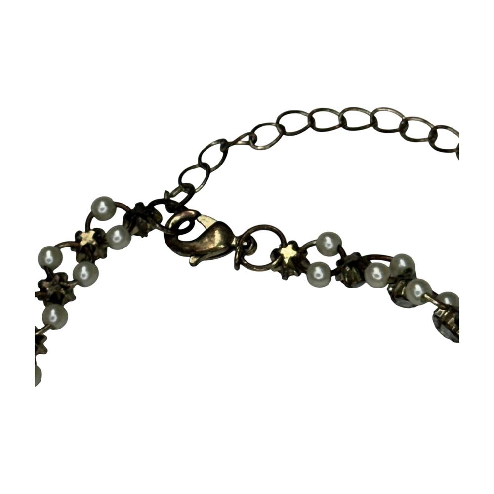 Faux Pearl Rhinestone Star Choker Necklace Antiqued Brass Extender Chain - Picture 5 of 6